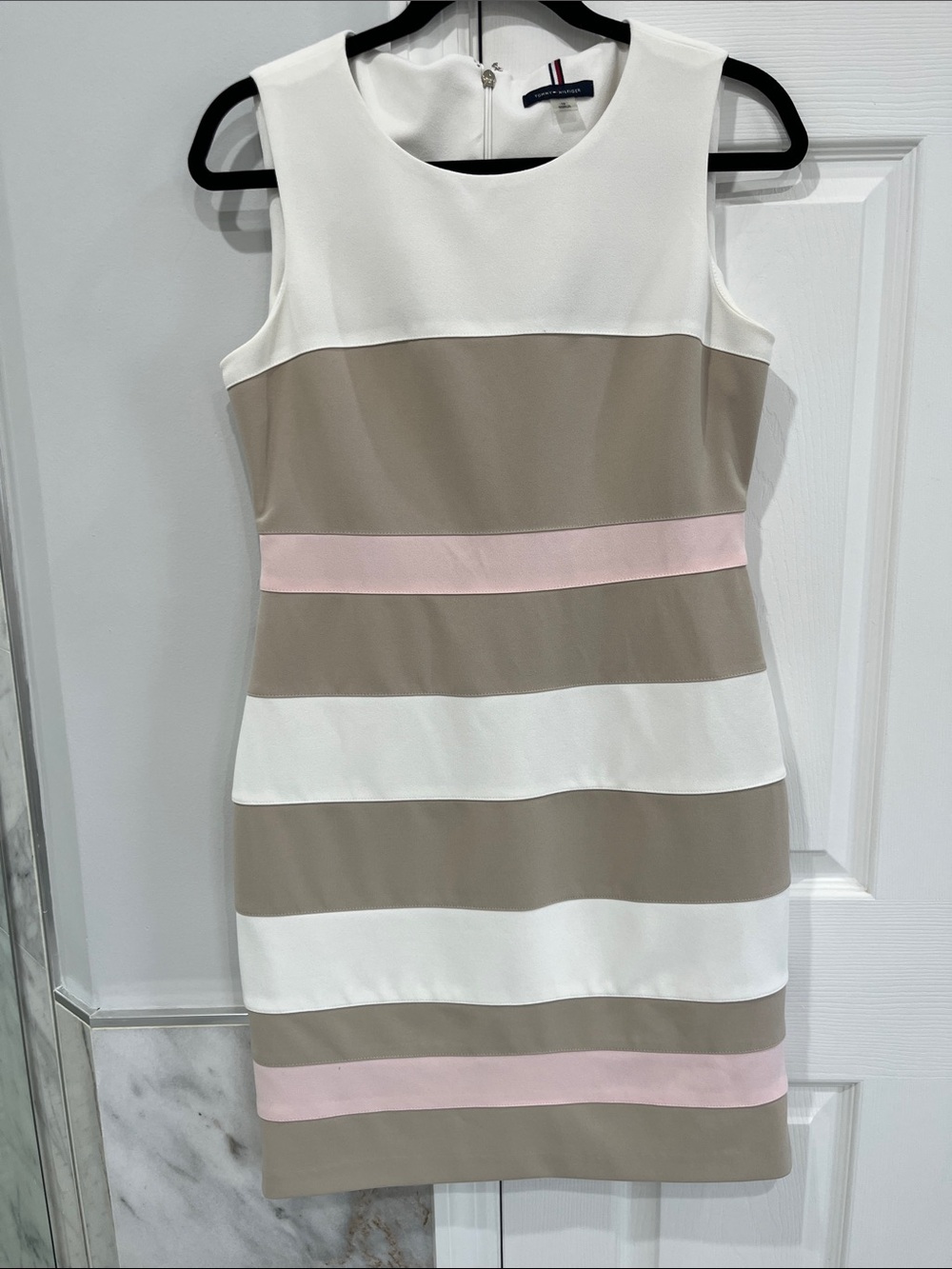 Tommy Hilfiger Striped Sleeveless Sheath Dress in White, Taupe & Pink
